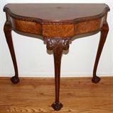 lot #6 CHIPPENDALE STYLE WALNUT AND BURL WALNUT CARVED CONSOLE TABLE, C. 1920'S, H 30", L 33 1/2", D 18"
