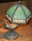 lot #51 BRADLEY & HUBBARD SLAG GLASS & PATINATED METAL ALADDIN LAMP, EARLY 20TH CENTURY, H 10", W 9"