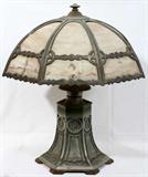 lot #50 AMERICAN ART DECO PAINTED SLAG GLASS & METAL TABLE LAMP, H 23", DIA 20"