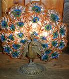 lot #187 BEADED BRONZE PEACOCK LAMP, H 17", W 15"