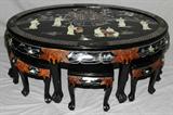 lot #246 CHINESE BLACK LACQUER OVAL LOW TABLE WITH 6 STOOLS, H 20", L 50", D 32"