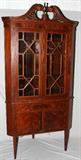 lot #250 FLAME MAHOGANY CORNER CHINA CABINET, C1920, H 72", W 44", D 23"