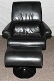 lot #286 BLACK LEATHER SWIVEL RECLINING CHAIR WITH OTTOMAN, LATE 20TH C, 2 PCS.
