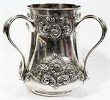 lot #1002 GORHAM STERLING LOVING CUP, 1896, WITH NAMES OF DETROIT'S NOTABLE FAMILIES, H 9", W 10" (HANDLES)