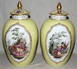 lot #1012 DRESDEN PORCELAIN COVERED URNS, HELENA WOLFSOHN, EARLY 20TH C., PAIR, H 19", H 23 1/2"