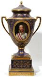 lot #1010 ROYAL VIENNA PORCELAIN COVERED PRESENTATION URN & STAND, EMPEROR FRANZ JOSEPH, C. 1886, H 20", W 11"