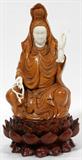 lot #1037 JAPANESE CARVED WOOD & IVORY FIGURE OF KANNON, H 9 1/4"