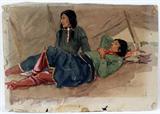 lot # 1041 JOSEPH SCHEUERLE (1873-1948), GOUACHE ON PAPER, 1896, 6" X 10", 'SIOUX BUCKS WITH WILD WEST SHOW'