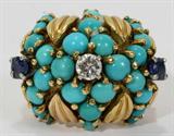 lot #1125 YELLOW GOLD RING WITH TURQUOISE STONES, DIAMOND & SAPPHIRES