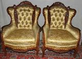 Lot #1428, DEUTSCH BROS. CARVED WALNUT WING BACK CHAIRS, PAIR