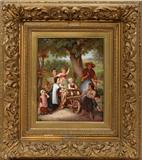 Lot #2046, KPM BERLIN HAND PAINTED PORCELAIN PLAQUE, 19TH C., 12 1/2" X 10 1/4", CHILDREN AROUND A WAGON