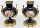 Lot #2074, SEVRES SIGNED HAND PAINTED PORCELAIN URNS, PAIR, H 9", DIA 6 1/4"