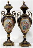 lot #2073, SEVRES SIGNED HAND PAINTED PORCELAIN URNS, PAIR, H 16"
