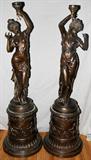 Lot #2077, BRONZE TORCHIERS ON BRONZE PEDESTALS, PAIR, H 72", DIA 22"