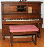 Lot#46, STARK, OAK PLAYER PIANO, WITH OVER 100 ROLLS, H 55", L 60", D 29"