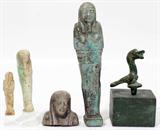 EGYPTIAN FAIENCE USHABTI FIGURES (3) & 2 OTHER FIGURES, FIVE, H 1 1/4"-4 1/2"