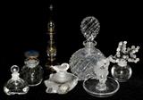 Lot#1257, LALIQUE CRYSTAL PERFUME BOTTLES & RING DISH, SEVEN PIECES, H 3"-8", INCLUDING LALIQUE