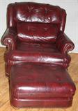 Lot#1393, BURGUNDY LEATHER UPHOLSTERED LOUNGE CHAIR & OTTOMAN