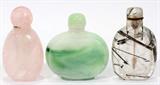 Lot#1575, CHINESE CARVED QUARTZ & HARD STONE SNUFF BOTTLES, THREE