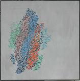 lot# 2004
ROBERT GOODNOUGH (US 1917-2010), ACRYLIC ON CANVAS, C. 1978, 78" X 78", "RED, YELLOW, GREEN & GRAY"