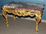 Lot#2077, LOUIS XV STYLE CARVED GILT WOOD, VEINED ROUGE MARBLE TOP SERPENTINE CENTER TABLE, H 31", W 51'