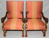 Lot#2079, ITALIAN HIGH BACK CARVED WALNUT LION HEAD OPEN ARMCHAIRS, C. 1900, PAIR