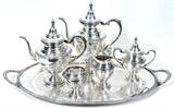 Lot#2128, WILLIAM ROGERS MFG. CO. STERLING COFFEE & TEA SERVICE, FIVE PIECES & A SILVER PLATE TRAY, L 26"