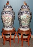 Lot #2135, LARGE CHINESE HAND ENAMELED PORCELAIN COVERED URNS, PAIR, MODERN, H 34", DIA 16"