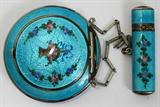 Lot#1258, MARATHON ENAMEL & WHITE METAL LIPSTICK CASE & COMPACT, ON A CHAIN,, DIA 2"