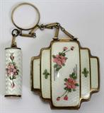 Lot#1257, LA MODE ENAMELED LIPSTICK CASE & COMPACT, WITH CHAIN