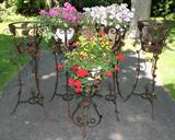 Lot#1500, PATINATED METAL GARDEN PLANTER STANDS, FIVE, H 35"-49"
