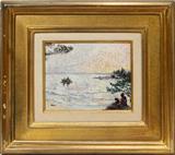 Lot#2023, YVONNE CANU [FRENCH 1921- 2007], OIL ON MASONITE, 8.5" X 10.5", POINTILLIST SEASCAPE