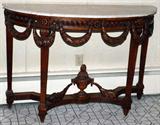Lot#2089, CARVED WALNUT WHITE MARBLE TOP DEMI LUNE CONSOLE TABLE, H 36", L 54", D 18 1/2"