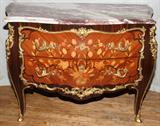Lot#2239, LOUIS XV STYLE FLORAL FRUITWOOD MARQUETRY BOMBE COMMODE WITH MARBLE TOP, H 34", W 47", D 22"