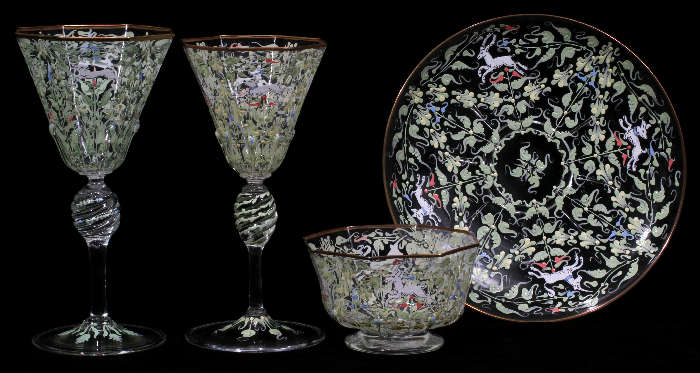 Lot#1, VENETIAN ENAMEL DECORATED GLASS STEMWARE & TABLE WARE, 49 PIECES, H 7"-8"