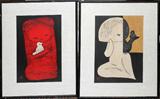 Lot#42, KAORU KAWANO (JAPANESE, 1916-1965), WOODBLOCK PRINTS, TWO, 14 1/2" X 9", CHILDREN WITH BIRDS