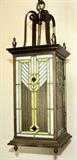 Lot#86, ART DECO INFLUENCED LEADED GLASS & BRASS HANGING LANTERN, H 29', W 10", L 10"
