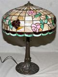 Lot#80, PATINATED METAL TABLE LAMP WITH LEADED SLAG GLASS SHADE, H 25", DIA 18"