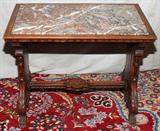 Lot#240, CARVED WALNUT & MARBLE TRESTLE TABLE, C. 1920, H 22", L 27, D 17"