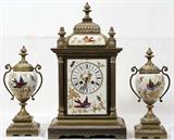 Lot#1, L. MARTI & CIE ENAMELED PORCELAIN & BRONZE CLOCK & GARNITURE, THREE, H 11" - 17", W 10"