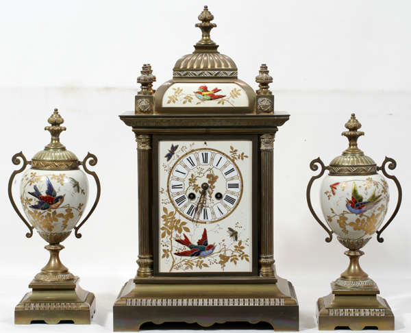 Lot#1, L. MARTI & CIE ENAMELED PORCELAIN & BRONZE CLOCK & GARNITURE, THREE, H 11" - 17", W 10"