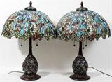 Lot#82, TIFFANY STYLE MODERN THREE-LIGHT TABLE LAMPS, PAIR, H 27", DIA 18"
