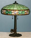 Lot#84, LEADED GLASS TABLE LAMP, H 23", DIA 19"
