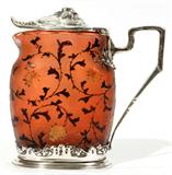 Lot#1001, DAUM CARVED CAMEO GLASS & SILVER MOUNTED SYRUP PITCHER, C. 1900, H 4 1/2", L 4 1/2"