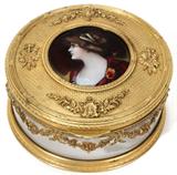 Lot#1009, FRENCH GILT BRONZE, METAL & CRYSTAL DRESSER BOX WITH ENAMEL PORTRAIT, C. 1900, H 3", DIA 5 1/2"
