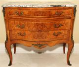 Lot#1034, FRENCH STYLE WALNUT & BURL WALNUT COMMODES WITH MARBLE TOPS, PAIR, H 32", W 35", D 17"