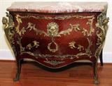 Lot#1119, LOUIS XV STYLE FRUITWOOD & BRONZE ORMOLU COMMODES WITH MARBLE TOPS, PAIR, H 35", W 47", D 20"