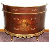 Lot#1124, FRENCH STYLE WALNUT DEMI LUNE COMMODE WITH MARBLE TOP, H 33", W 43", D 20"