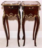Lot#1132, LOUIS XV STYLE FRUITWOOD & BRONZE ORMOLU SIDE TABLES WITH MARBLE TOPS, PAIR, H 31", W 12", D 12"