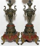 Lot#1139, FRENCH MARBLE CLAD & PATINATED METAL LAMPS, EARLY 20TH C., PAIR, H 22" OVERALL, W 7" (BASE)